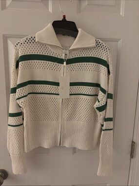Caroline Constas Cream Open-Knit Zip Cardigan with Green Stripes